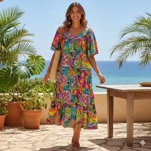 Aria Tropical Floral Cotton Tiered Casual Mumu  Dress Medium
